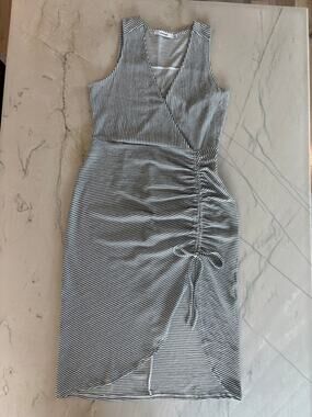 Striped Body Con Midi Dress Wrap Front & Rouching High Low Detail L Just Fab